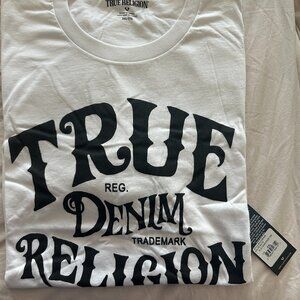 NWT True Religion Brand Men's Size L White black Script T-Shirt